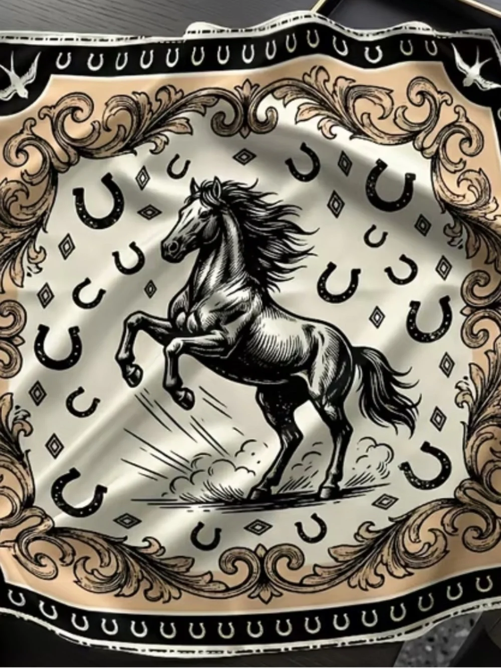 Horse Motif Scarf in Cream, Black & Gold